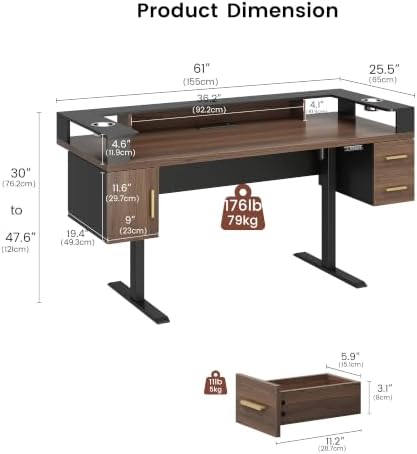 61'' x 25.5'' Electric Standing Desk with 2 Drawers, Dual Cup Holders