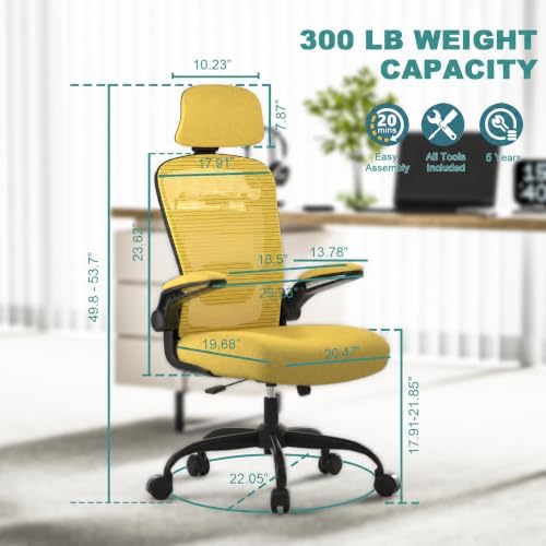 Mimoglad Office Chair, High Back Ergonomic Desk Chair with Adjustable Lumbar Support and Headrest, with flip-up Armrests for Guitar Playing, 5 Years Warranty (Modern, Vivid Yellow(Black Frame))