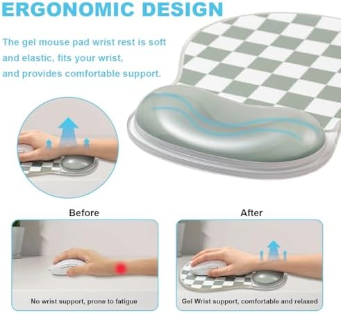 Checkered Mouse Pad with Gel Wrist Rest Support, Green Ergonomic Mousepad