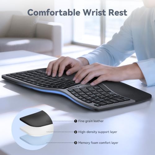 TECKNET Wireless Ergonomic Keyboard Rechargeable, 2.4G+Bluetooth Ergo Cordless USB Computer Keyboard, Wrist Rest, Natural Typing, Stain-Resistant Fabric, Compatible For Windows Computer Desktop Laptop