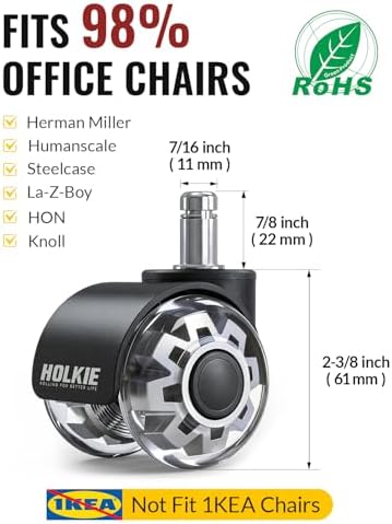 HOLKIE Office Chair Wheels 2 Inch Set of 5 Replacement - Universal Fit 11mm Dual Rubber Smooth Quiet Rolling Casters - for Hardwood Floors Carpet Computer Grey