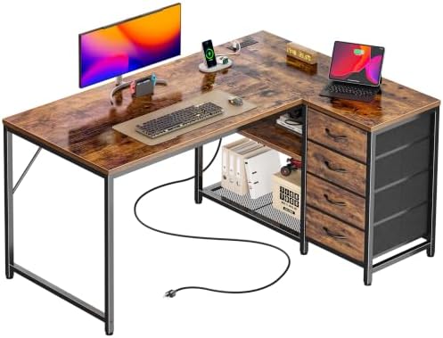 PRAISUN 43.3" Small L Shaped Desk with Power Outlets & 4 Drawers