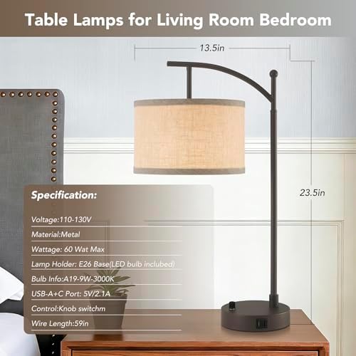 Table Lamp Set of 2, 23.5" Bedside Lamps with USB C+A Ports, Brown