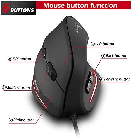 zelotes Vertical Ergonomic Mouse,3200DPI,6 Buttons,LED Illumination,Prevention Against Mouse Arm,USB Optical Wired Mice for Laptop,PC,Mac,Black