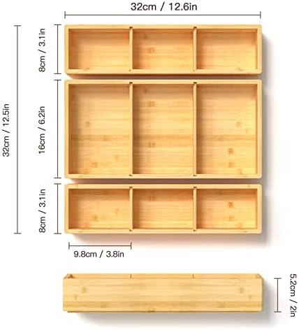 DUJEN Bamboo Drawer Organizer 12.5'' X 12.5'' X 2'', Adjustable 3 Individual Junk Drawer organizer for Bathroom and Kitchen, Wood Drawer Tea Organier Boxes for Silverware, Make up and Tea Bag
