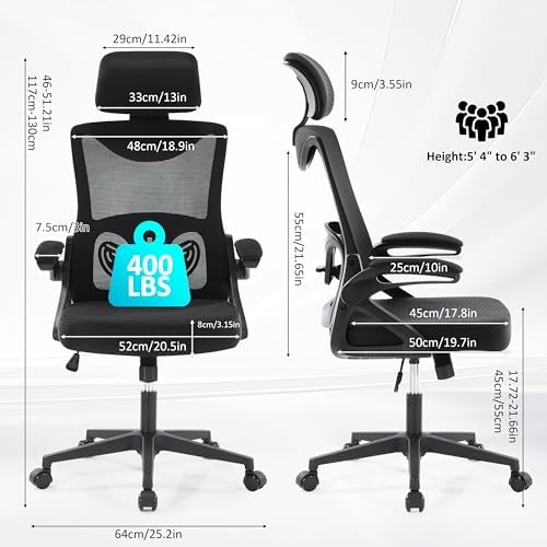 Fizzin Ergonomic Office Chair,Ergonomic Desk Chair with Headrest Mesh Computer Chair with High Back Adjustable Lumbar Support, Rolling Swivel Chairs with Wheel Armrests for Home Office,Black