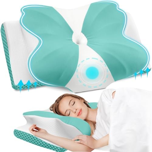 CloudBliss Cervical Memory Foam Pillow for Neck and Shoulder, Contour Neck Support Pillow with Cooling Case, Ergonomic Bed Pillow, Support for Side Back Stomach Sleepers (Green, Standard Size)