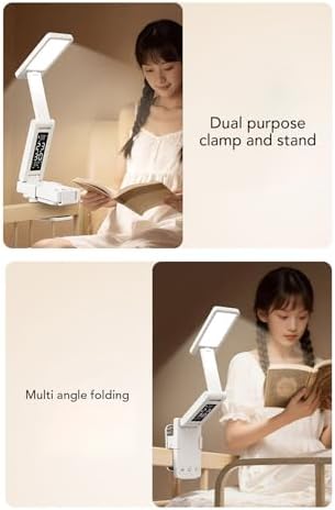 LED Desk Lamp with Clamp, Foldable Eye Care Light with Clock Thermometer