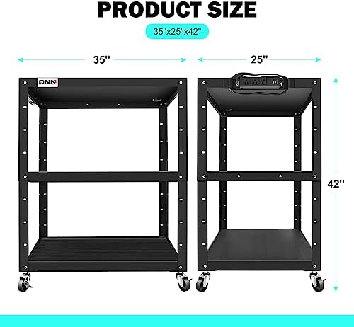 DNA Motoring 3-Layer Utility Steel AV Cart with Wheels Power Strip, 35" x 25" x 24"-42" Height Adjustable Rolling Projector Cart,TOOLS-00137