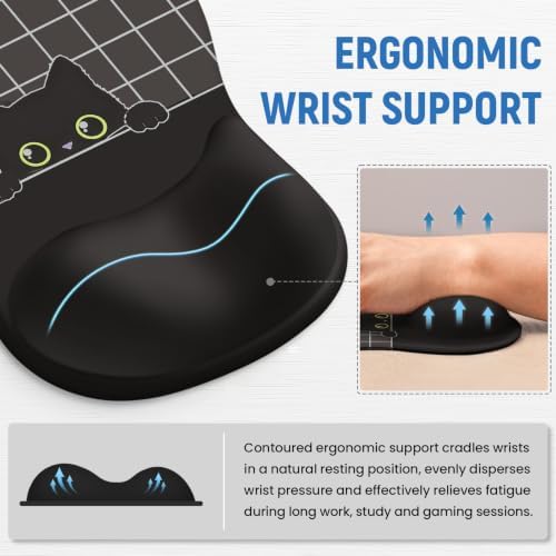 Ergonomic Mouse Pad with Wrist Rest, Gel Wrist Support, Black Cat