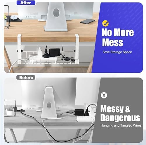 Under Desk Cable Management Tray 2 Pack, Xpatee Upgraded Wire Management No Drill No Screws, Cable Tray with Clamp for Wire Organizers, Computer Cord Rack for Office, Home - No Damage to Desk White