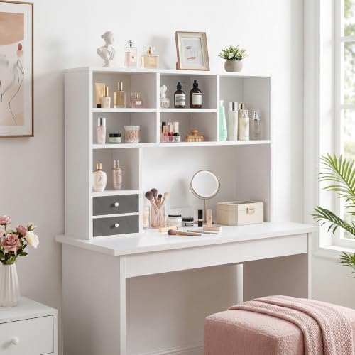 REIBII Desktop Bookshelf, 8 Shelves Desk Hutch for Dorm Room, White