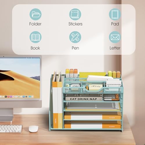 5 Tier Paper Letter Tray Desk Organizer with Pen Holders - Blue