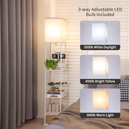 Gupuzm Floor Lamp with Shelves, 4 Layer Square Standing Lamp with 3 Color Temperature Bulb, Corner Display Bookshelf Lamp for Living Room, Bedroom and Office（White-2 Packs）