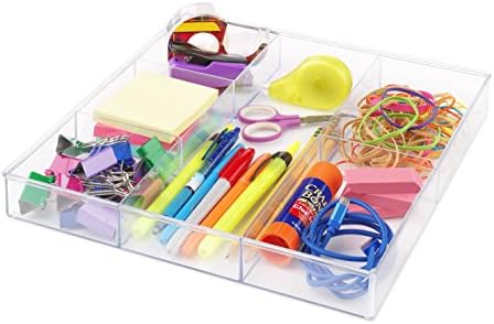 Whitmor Clear 6-Section Drawer Organizer | For Makeup & Accessories | Sturdy Resin | 11.9 x 11.9 x 1.7 Inches | Pack of 6