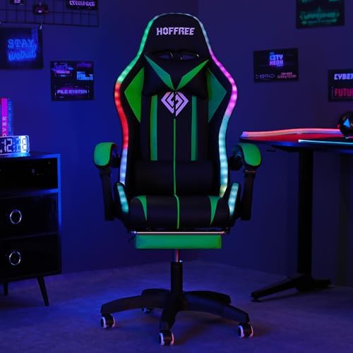HOFFREE RGB Gaming Chair with Speakers Massage LED Lights Game Chair-Green
