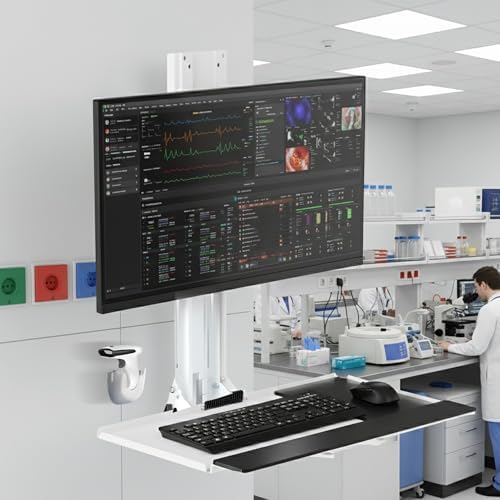 Mount Plus MED01 Medical Monitor and Keyboard Wall Mount For 17" to 32" Display with Height Adjustable Standing Keyboard Tray | Wide Platform with Mouse Pad | Wall Mount Scanner Holder