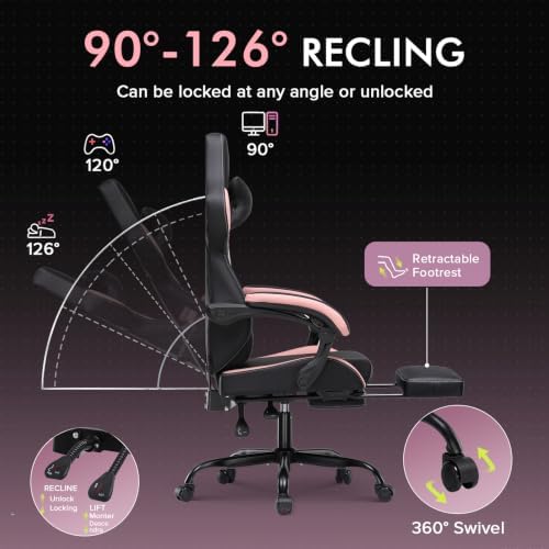 GTPLAYER Gaming Chair with Footrest, High Back Computer Chairs for Adults with Linkage Armrest Lumbar Support Heavy Duty 350lbs Ergonomic Swivel PC Game Chair for Office, Pink