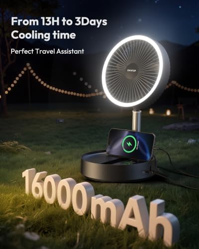 Gaiatop Portable Pedestal Fan 16000mAh Battery [Max 74h Runtime], Foldable Oscillating Standing Fan, Collapsible Desk Fans, LED Light, Case & Remote Control 4 Speeds for Outdoor Travel Camping (Black)