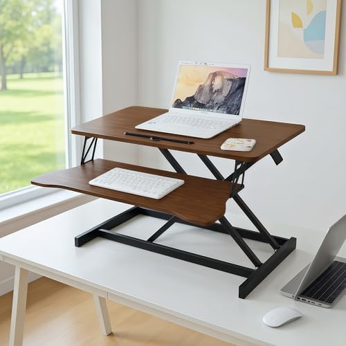32 Inch Desk Converter, Height Adjustable Sit to Stand Riser, Dual Monitor and Laptop Workstation with Wide Keyboard Tray (Walnut)