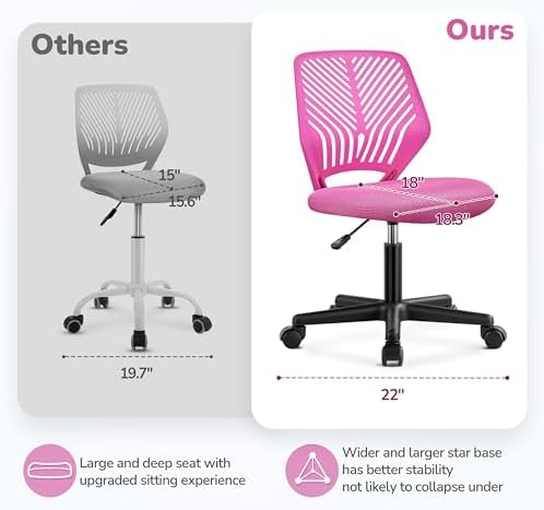 Yaheetech Small Desk Chair, Armless Adjustable Swivel Seat, Rose Red