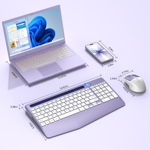 Rechargeable Silent Wireless Keyboard and Mouse Combo, Ergonomic Wrist Rest & Phone Tablet Holder, USB-C Adapter Included, 2.4G Lag-Free Cordless Set for Windows Mac Laptop PC Home Office (Purple)