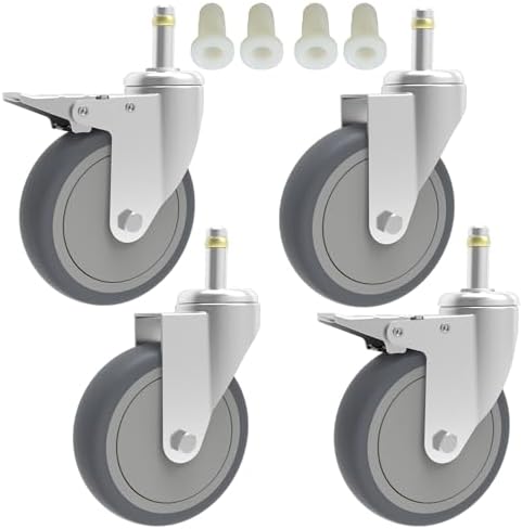 RILIDRI 4-Inch Swivel Stem Caster, 7/16-Inch Stem Diameter Rubber Wheel, Heavy Duty TPR Replacement Wheels for Rubbermaid Mop Bucket Cart Grill Casters - 4 Pack (2 Brakes 2 Swivel)