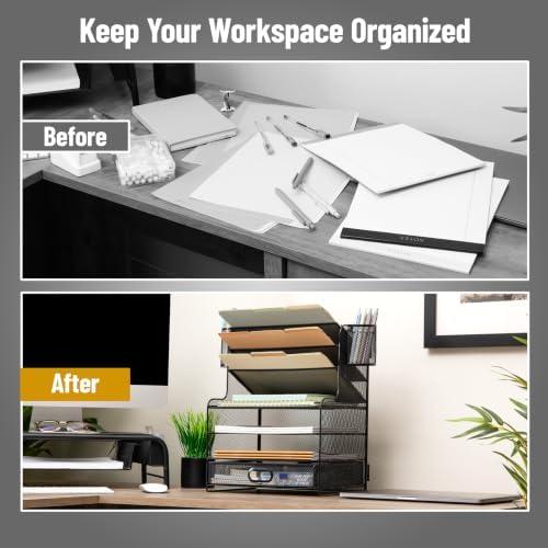 Mind Reader Mesh Desk Organizer, 6 Compartments, 1 Drawer, 2 Pen Cups, Office Desktop Organizer, Metal Mesh, Black