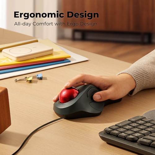 Wired Ergonomic Trackball Mouse for Large Hands, 44mm Index Finger Control
