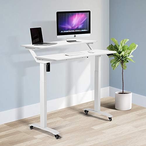 UNICOO Electric Height Adjustable 2-Tier Raising Desk with Wheels, Mobile Standing Desk with Monitor Stand, Ergonomic Adjustable Computer Table, Electric Standing Game Table for Home Office