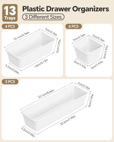 Canfanni 13 Pack Plastic Drawer Organizers Set, 3 Sizes Desk Drawer Organizer Trays for Vanity and Makeup Organizer, Organization and Storage for Makeup, Kitchen Utensils, Bathroom and Office(White)