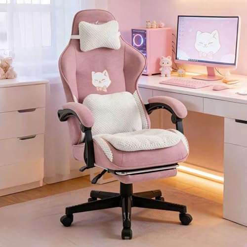 Rose Cute Cat Gaming Chair, Office Desk Chairs with Footrest and Headrest & Armrests for Women, Ergonomic High Back Computer Desk with Headrest & Lumbar