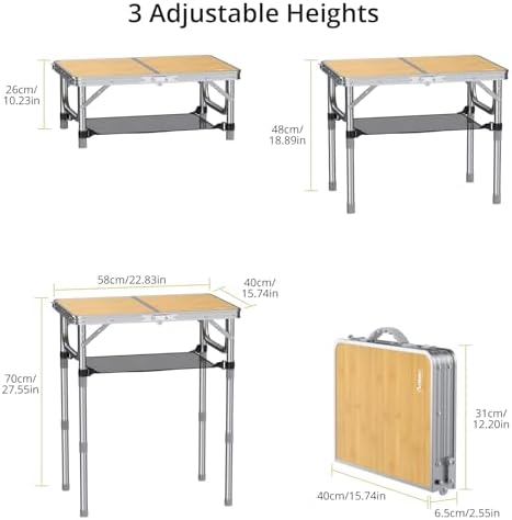 Anbte 2ft Camping Folding Table, 3 Adjustable Heights High 27.5", 24" x 16"