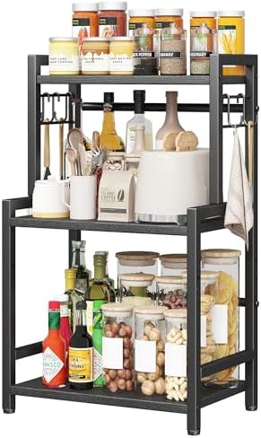 Kitchen Countertop Organizer, 3 Tier Large Spice Rack Organizer with Adjustable Shelf and 5 Hooks, Wooden Counter Organizer, Space Saving Countertop Shelf Microwave Stand for Kitchen,Coffee Bar,Black