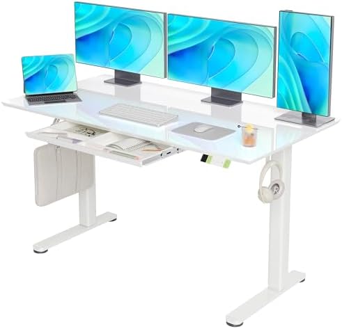 Claiks Glass Standing Desk with Drawers 55x24 Inch Super White