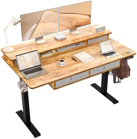 55 x 30 Inch Electric Standing Desk with 4 Drawers, Light Rustic