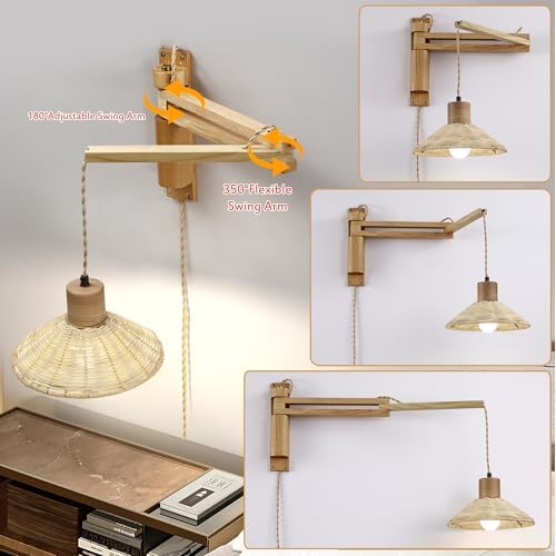 maesta Plug in Wall Lamp, Beachy Wood Swing Arm Wall Sconce for Bedroom