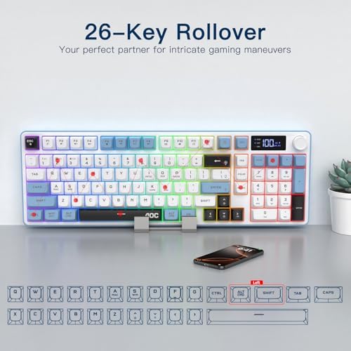AOC GK210 Wireless Gaming Keyboard with Display & Knob, Tri-Mode BT5.0/2.4GHz/Wired Connectivity RGB Backlit Keyboard with Number Pad, 98-Key Layout, 26-Key Anti-Ghosting, Compatible for Mac, Windows