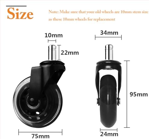3 Inch Office Chair Wheels Set of 5,10mm Rubber Chair Casters Replacement,Heavy Duty Gaming Chair Wheels Protection for Hardwood Floors Without Chair Mats - 650lbs