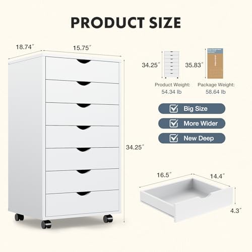 DUMOS 7 Drawer File Cabinet with Wheels, Vertical Office Storage Cabinet