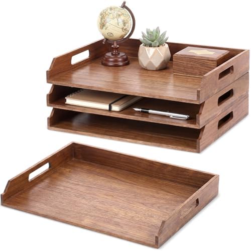 AceOrbit 3 Pcs Stackable Paper Tray Acacia Wood Desk Organizer Letter Tray