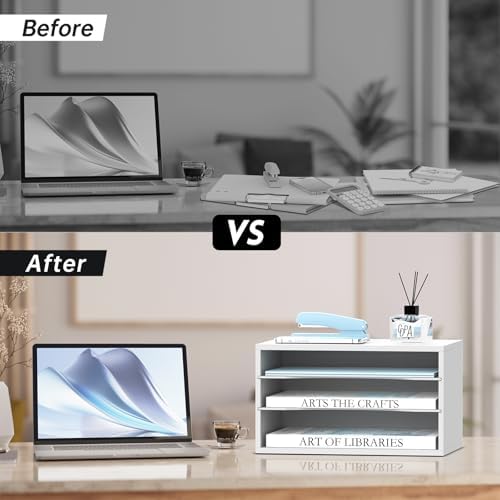 3 Tier Wood Desk Organizer, Mail Sorter and Paper Organizer for Desk, White