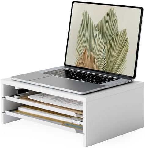 Fenge 14.3-Inch Monitor Stand with Slide-Out Trays, Wood & Metal Desk Shelf