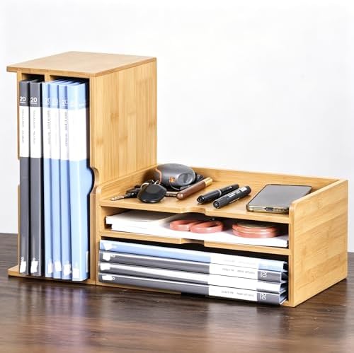 Bamboo Desk File Organizer, Stackable A4 Paper Tray Mail Holder for Office
