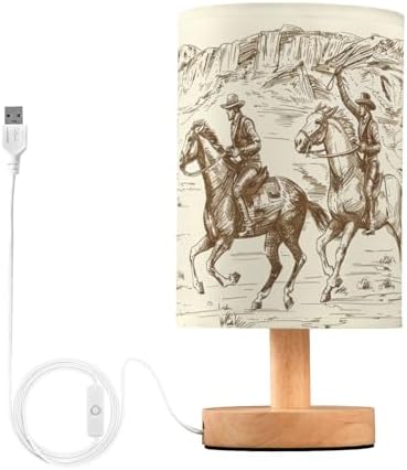 Bedside Lamp Western Desert Cowboy Table Lamp for Bedroom LED Nightstand Lamp Shade USB Ports Wood Base for Living Room Dorm Office