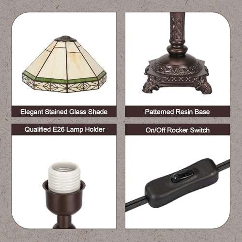 Table Lamp with Stained Glass Shade, Vintage Style Desk Lamp, Mid Century Modern Bedside Nightstand Decorative Lamps with Rocker Switch, Unique Accent Light for Bedroom Living Room Office (E26 Base)