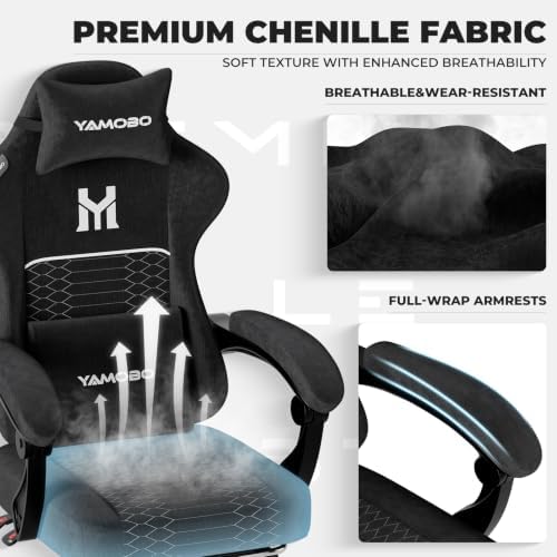 Gaming Chair with Footrest, Ergonomic Computer Chair with Lumbar & Headrest Support for Adults, High Back Office Desk Chair with 360°Swivel Wheels for Game and Work, Breathable Fabric，Black