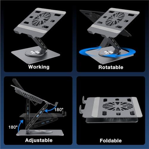USB-C Hub Laptop Stand with Fan, Aluminum Laptop Riser with Docking Station 9-IN-1, 4K@60Hz HDMI, 100W PD Charging, USB 3.0, 3.5mm Audio, 360° Swivel, for MacBook Pro/Air, iPad Pro & Type-C Laptops