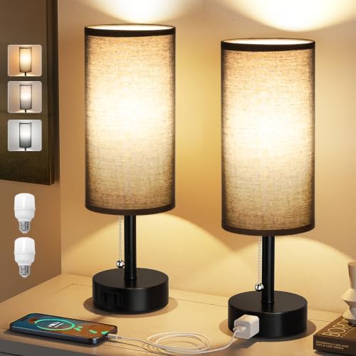 Black Bedside Table Lamps Set of 2 - Bedroom Lamp for Desk, AC Outlet