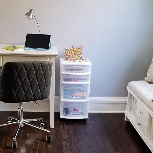 HOMZ Drawer Tower, 4-Tier Storage Cart with Removable Wheels, White Frame